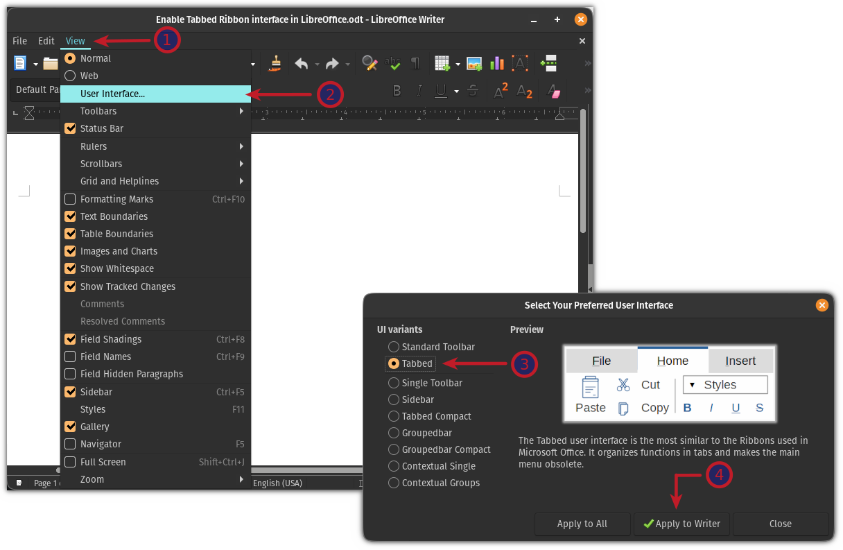 Activer la vue à onglets du ruban dans LibreOffice