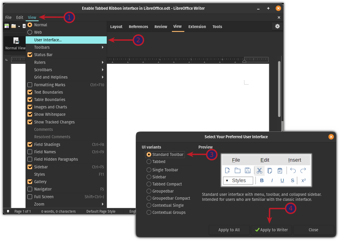 Switch to default user interface in LibreOffice