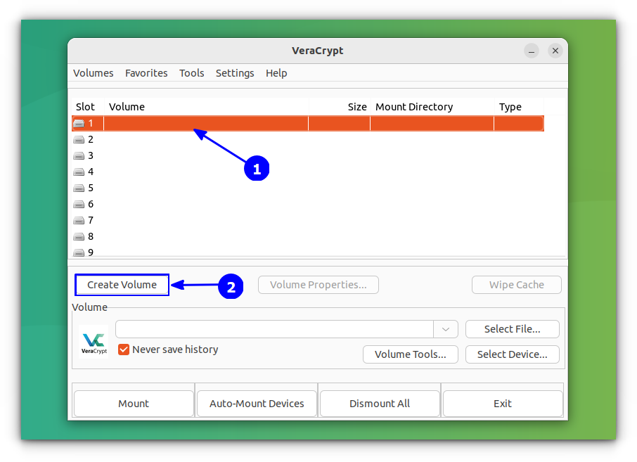 Click on the Create Volume button in VeraCrypt home screen