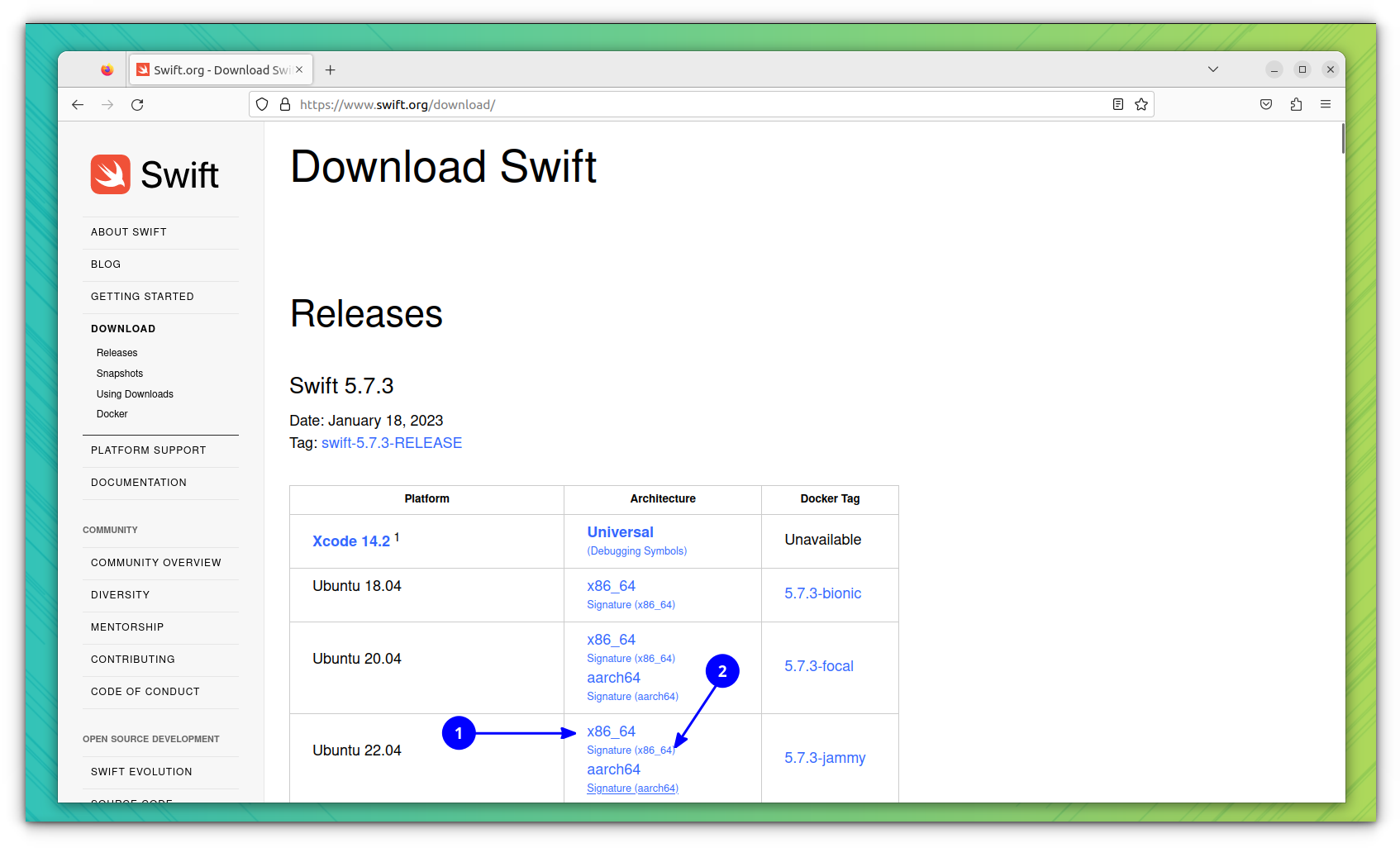 Download Swift TAR file for your version of OS and Signature File for the verification of the downloaded file