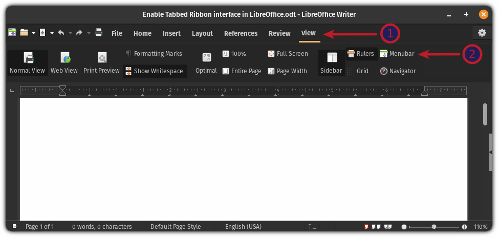 enable menubar in tabbed ribbon view in libreoffice
