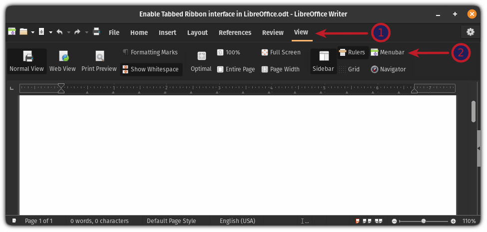 activer la barre de menus dans la vue du ruban à onglets dans libreoffice