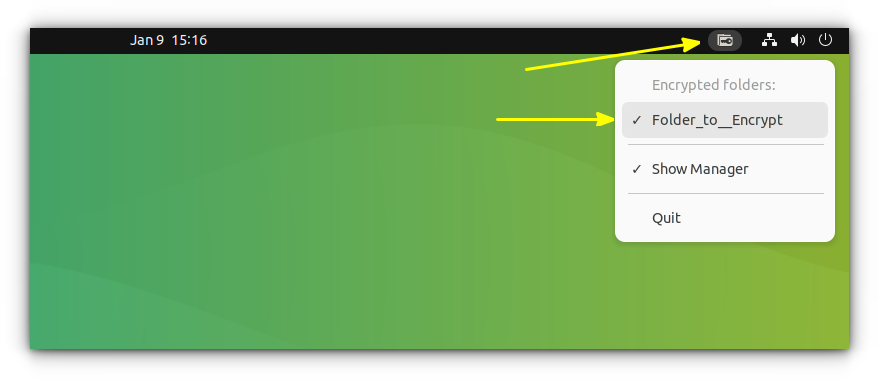 GNOME Encfs manager displays details through the system tray icon