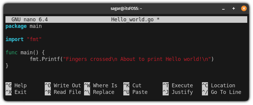 hello world program for Go programming language