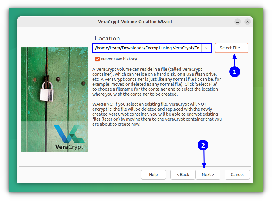 Select a file in VeraCrypt to use for Encrypted Volume