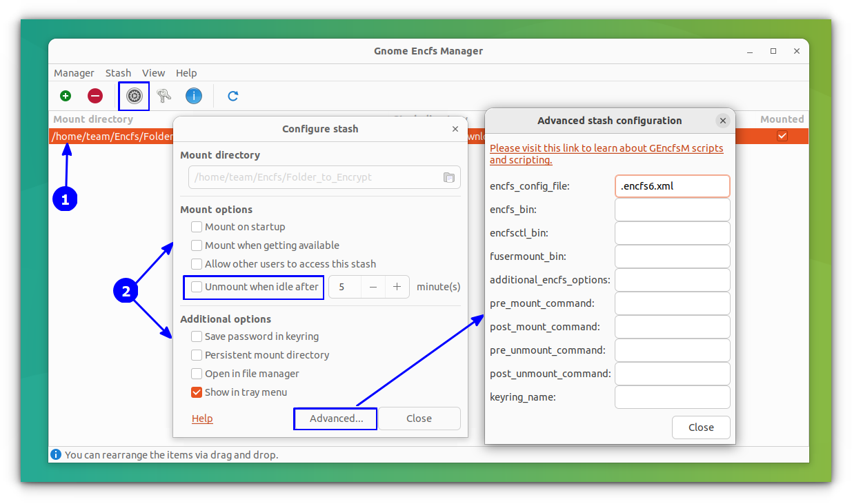 Additional configurations available with the GNOME Encfs manager