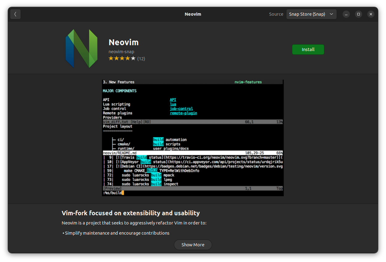 neovim répertorié sur le centre de logiciels ubuntu