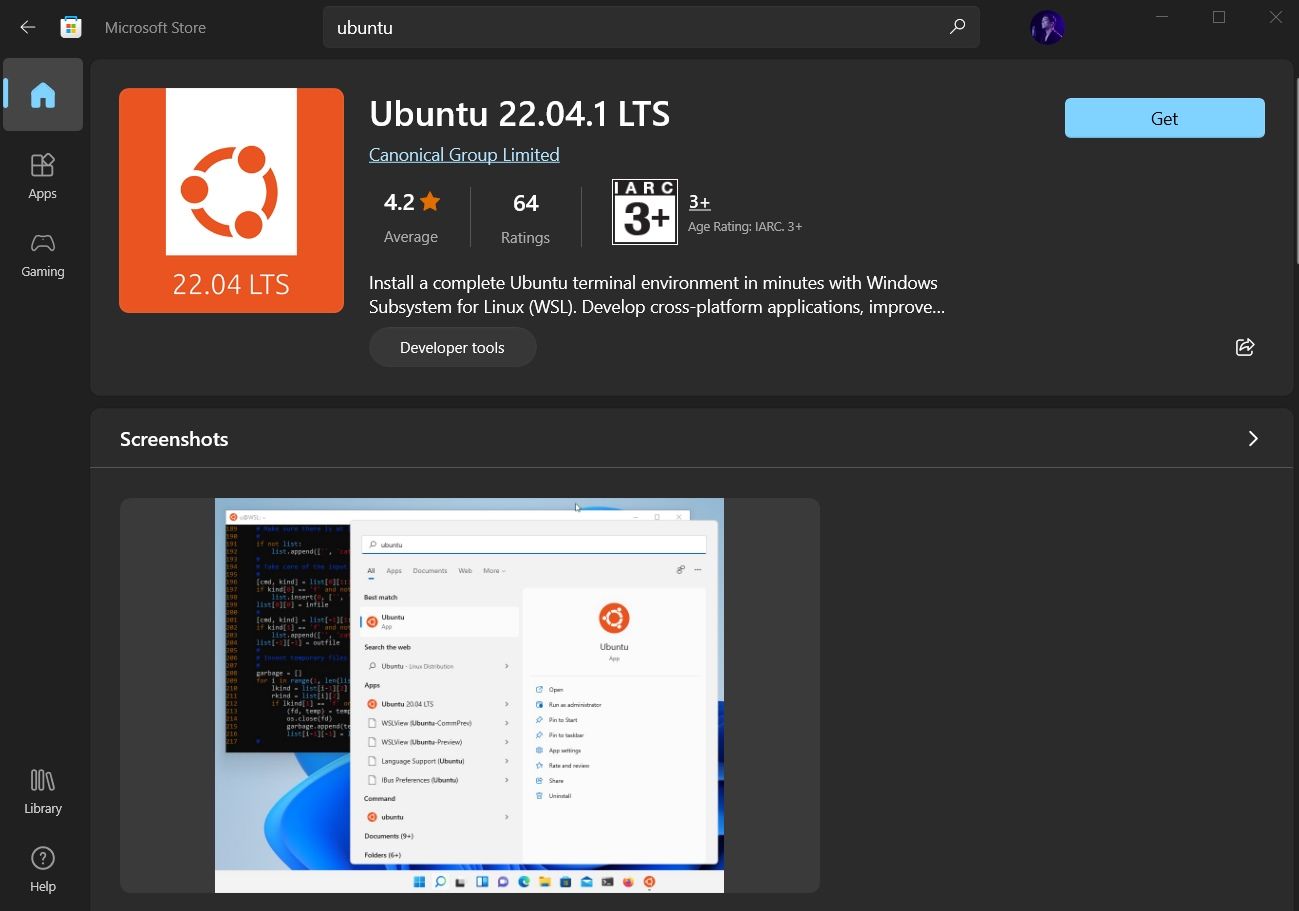 ubuntu 22.04 lts wsl on microsoft store