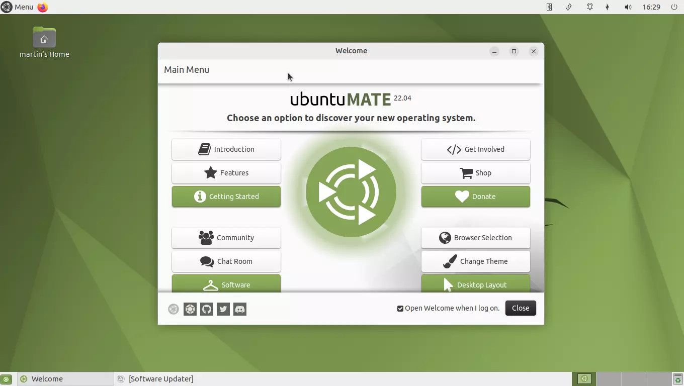 ubuntu mate screenshot with the welcome screen providing various options for a good onboarding experience