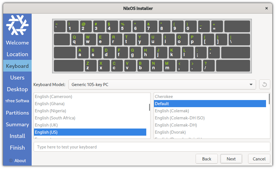 select Keyboard layout for NixOS