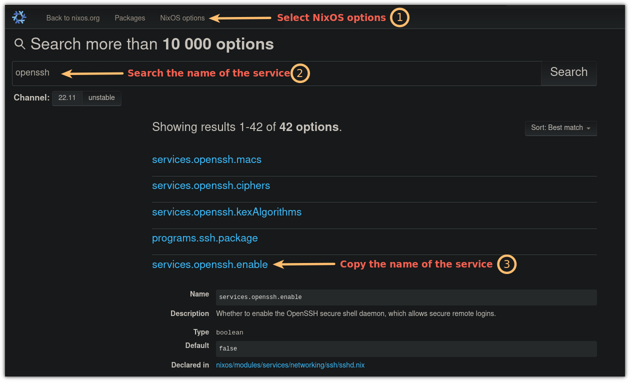 search for openssh service in NixOS