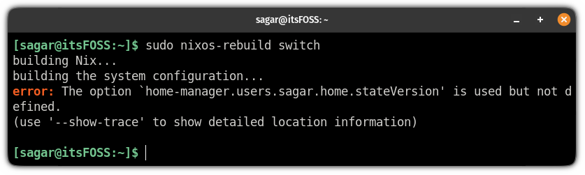 error: The option `home-manager.users.user.home.stateVersion' is used but not defined.