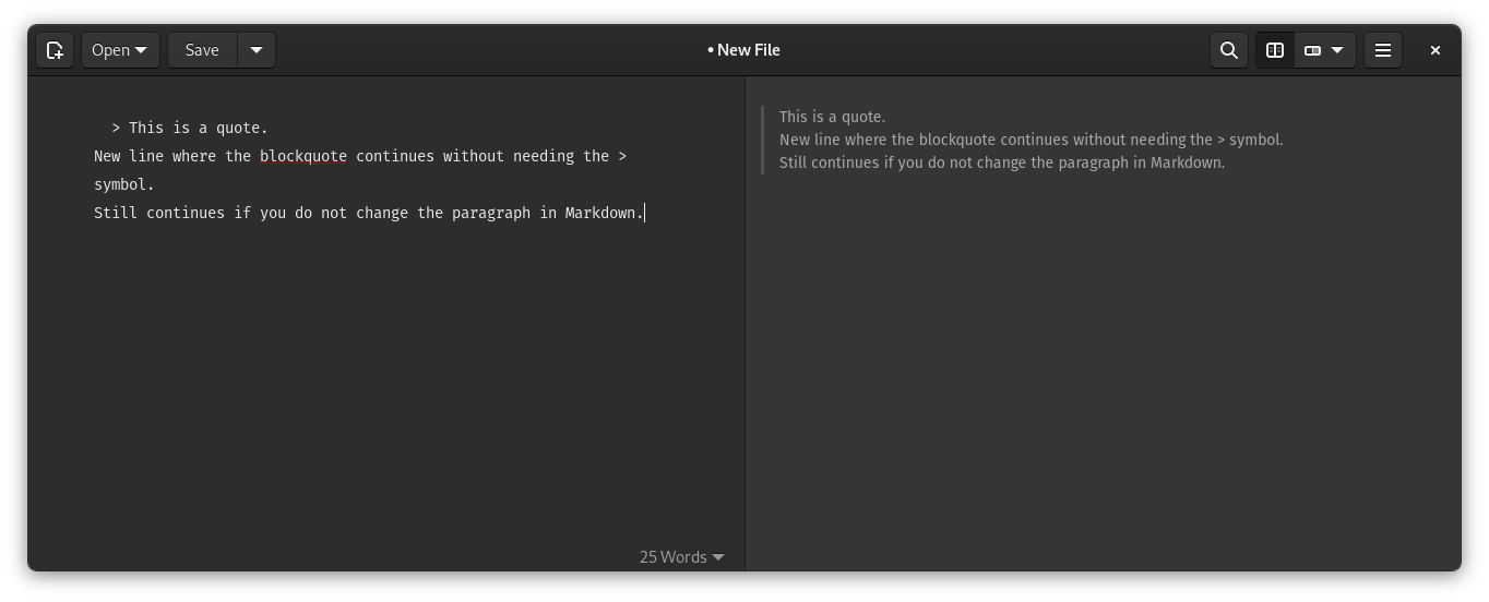 screenshot showing continued blockquote by using just one > symbol in the first line