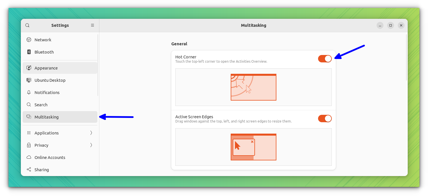 Activez la fonctionnalité Hot Corner à partir de l'onglet Multitâche dans les paramètres du système GNOME pour obtenir une vue d'ensemble de l'espace de travail tout en survolant le coin supérieur gauche