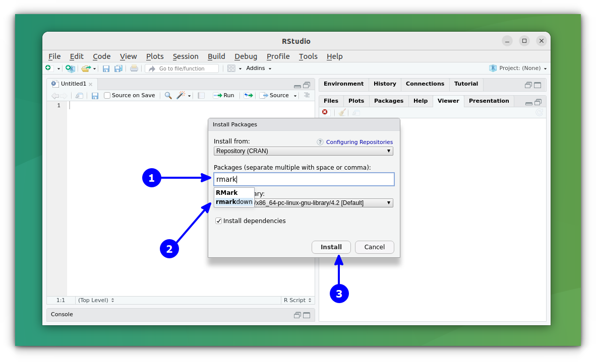 Install RMarkdown Package by searching it and pressing install button on the new package install dialog box