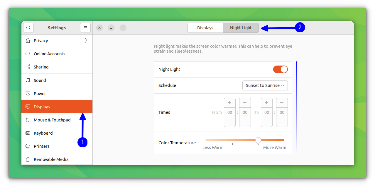 Enable Night Light feature from GNOME system settings