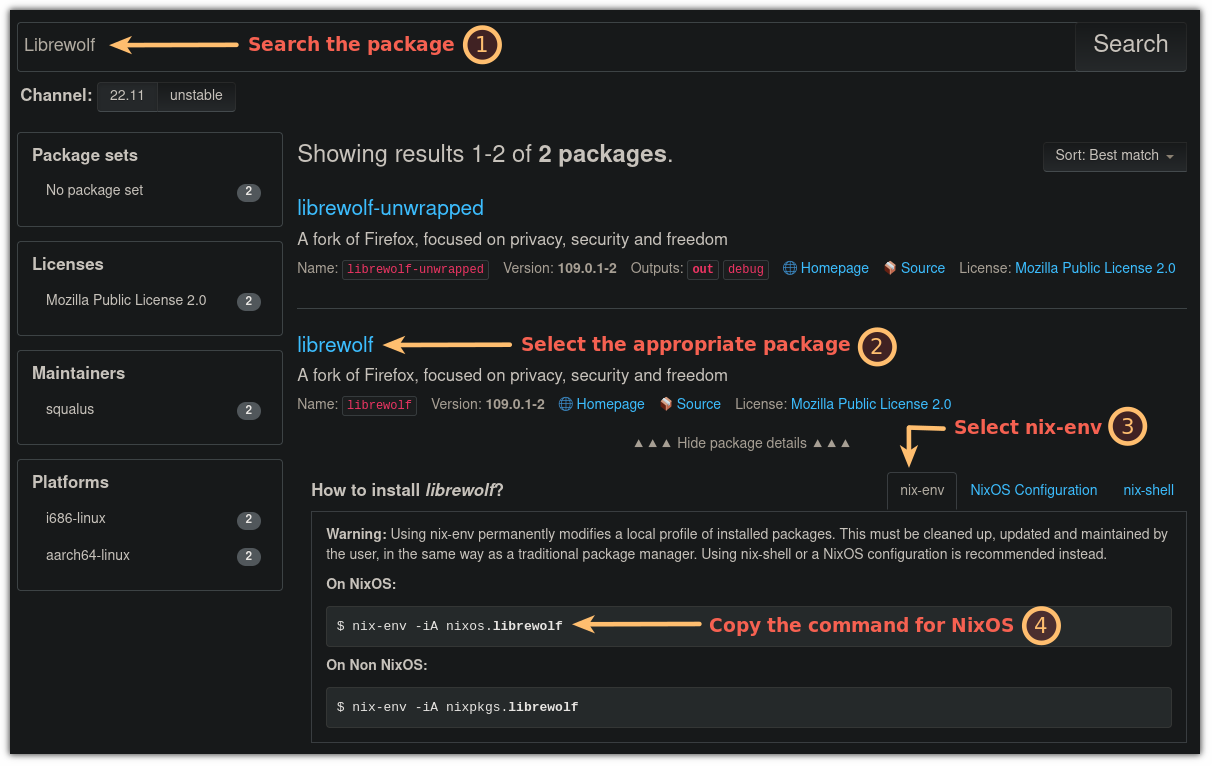 rechercher un package à l'aide de la recherche Web du gestionnaire de packages nix