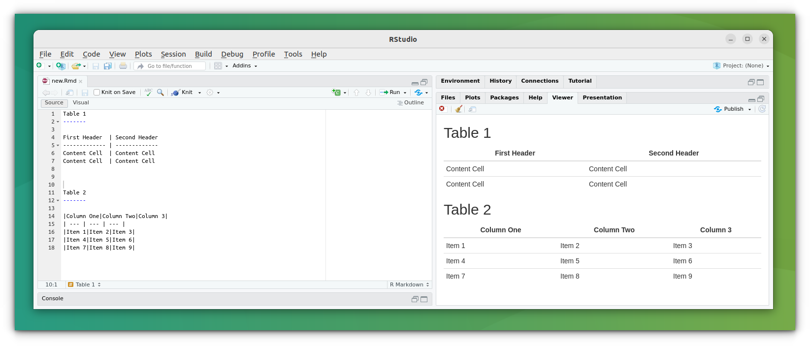 r markdown table placement