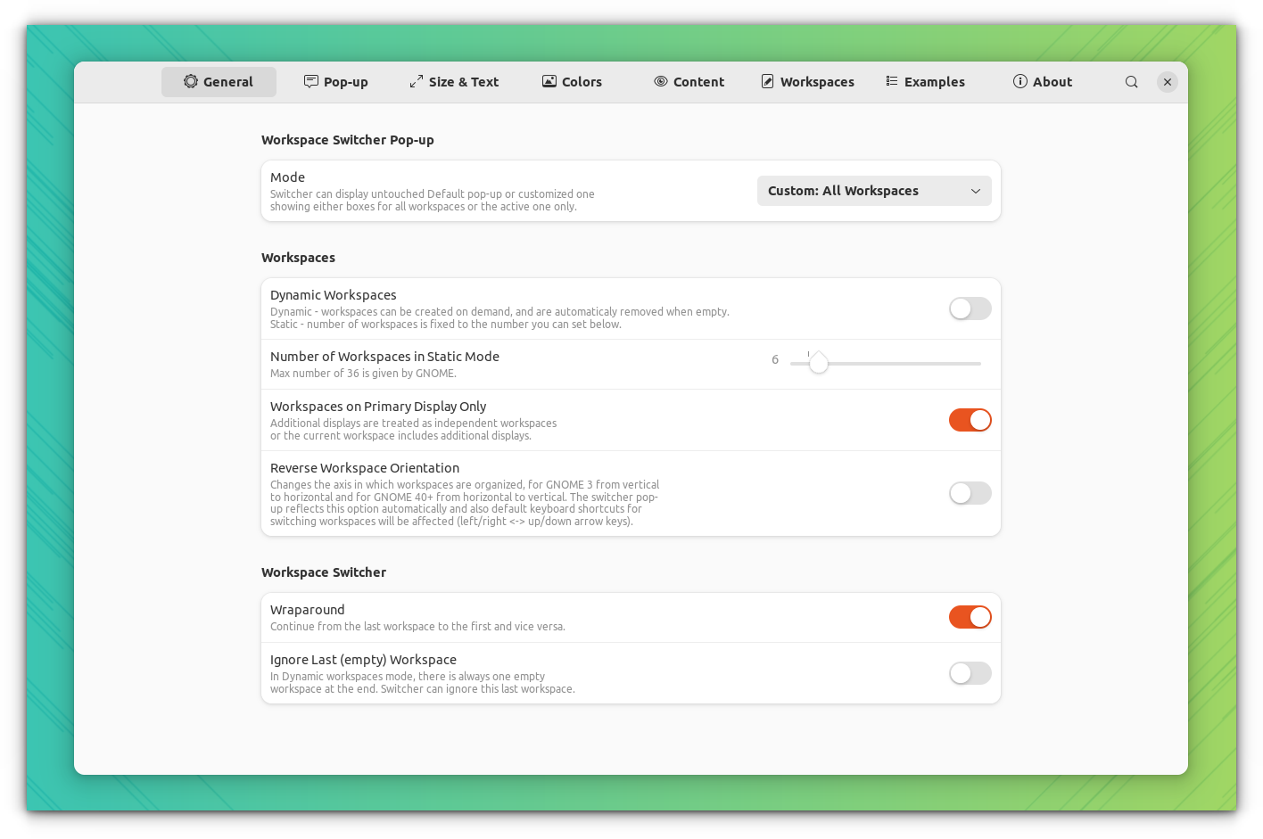 Workspace Switcher Manager Extension settings page
