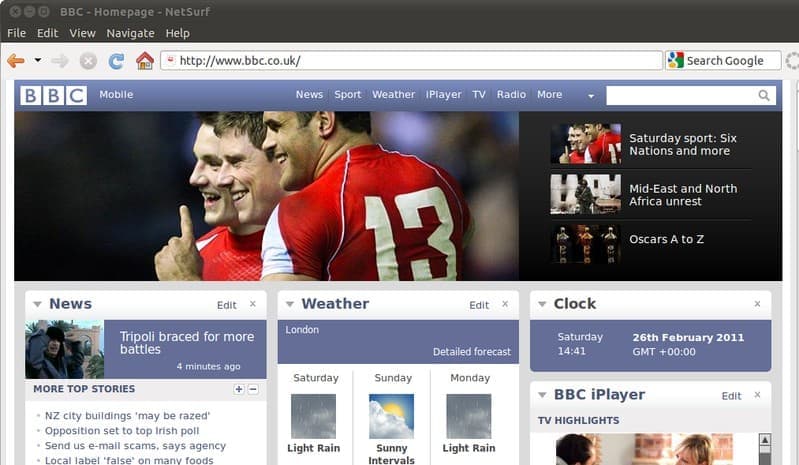NetSurf Browser, with BBC website opened in a tab