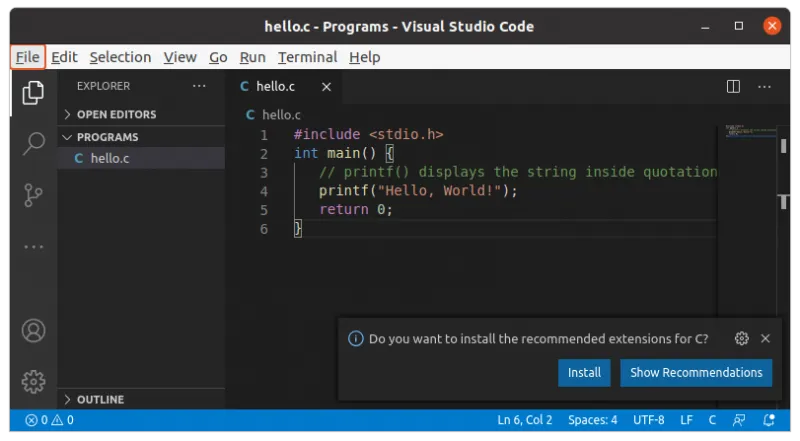 C program editing in Visual Studio Code