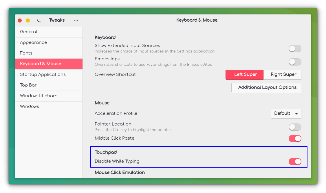 Toggle the "Disable the Touchpad while typing" button in Keyboard and Mouse Tab to avoid unnecessary touchpad input during typing.