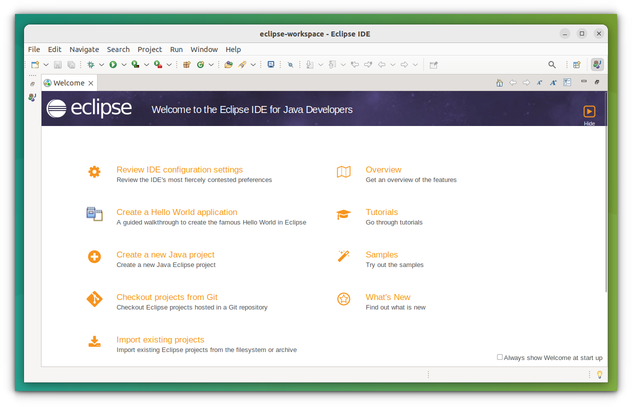 Eclipse IDE's home screen showing various option available