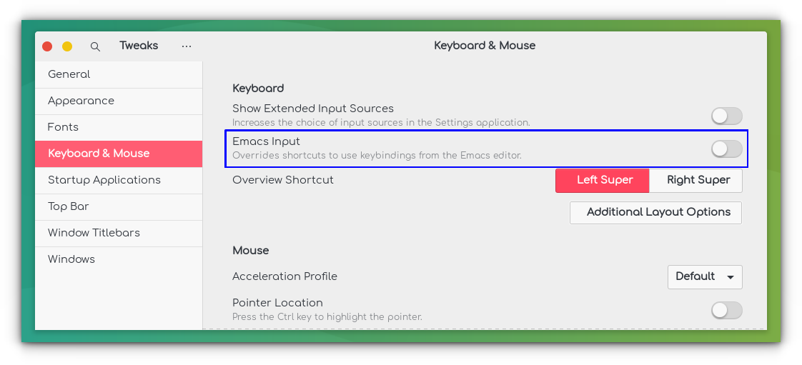 In the Keyboard and Mouse Tab, Force keybindings from Emacs