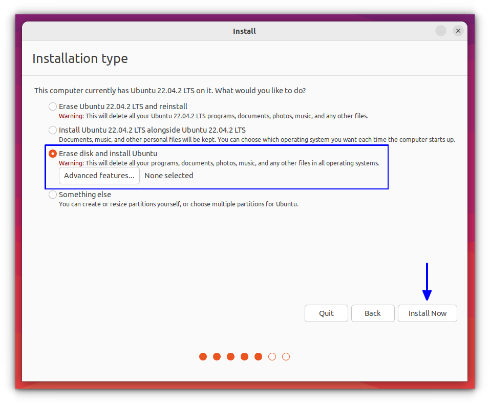 Select "Erase Disk and install Ubuntu" option for a clean installation Ubuntu