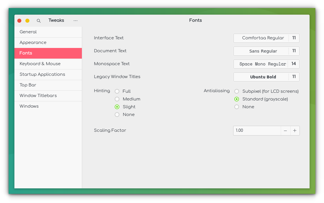 Change fonts and scaling factor in Ubuntu using GNOME Tweaks' Fonts Tab