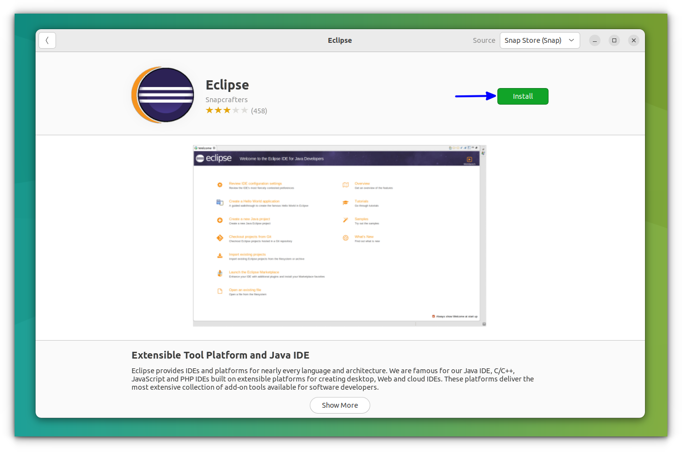 Install Eclipse IDE as a snap application from Ubuntu Software Centre