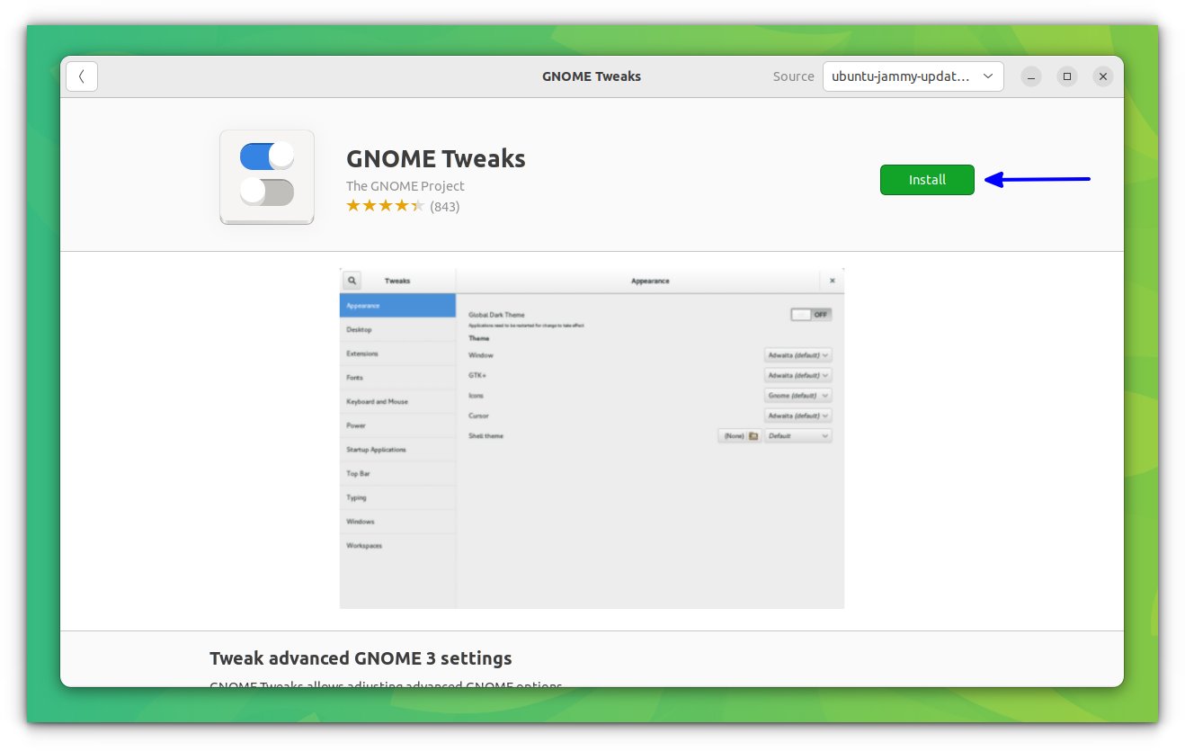 Install GNOME Tweaks from Ubuntu Software Center