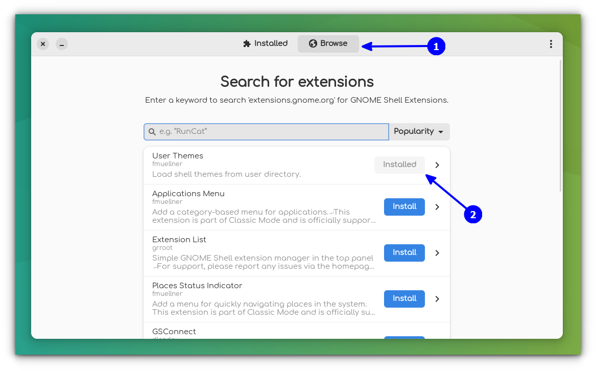 Install "User Themes" extension from GNOME Extension Manager application