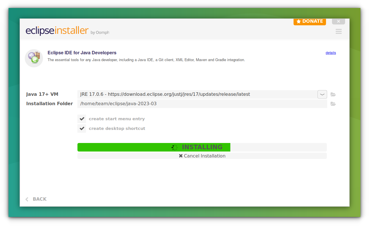 Screenshot of the Eclipse IDE installer, showing the progres of installtion