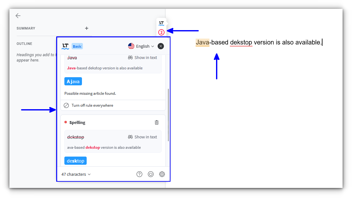 LanguageTool web extension showing corrections