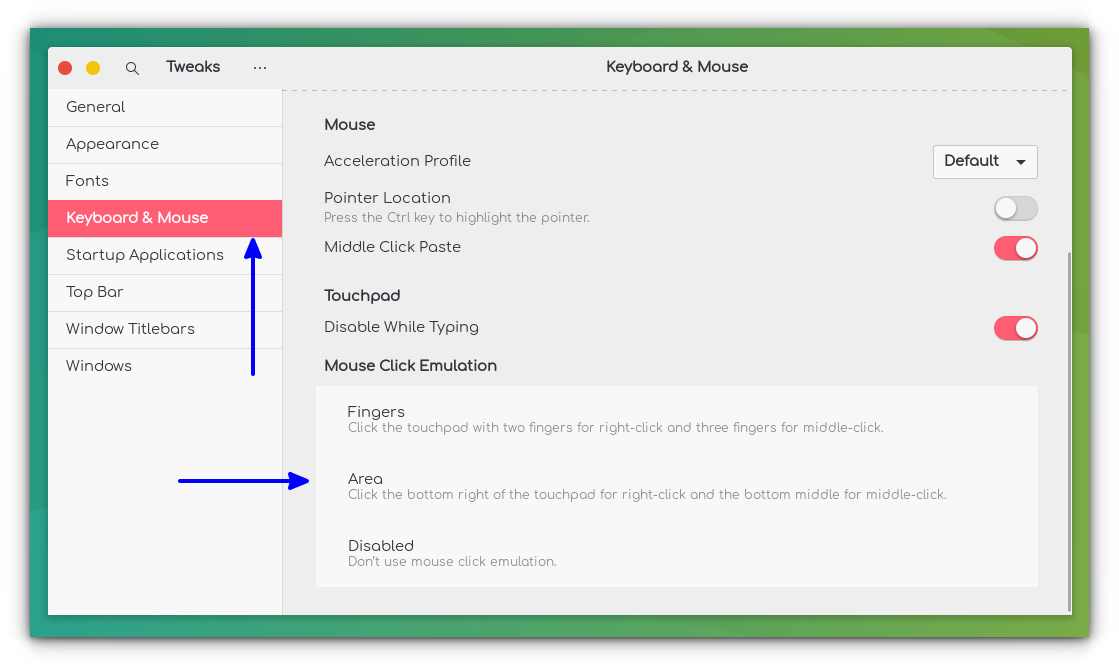 In Keyboards and Mouse Tab, Mouse Click Emulation can be set to "Area" to get right-click by clicking on the bottom right. 