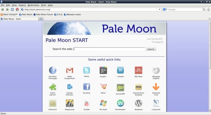 Pale Moon browser home page, with quick links to popular websites