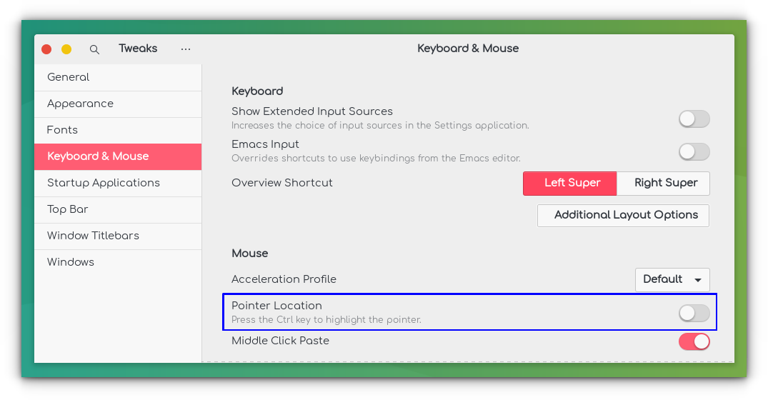 Settings to highlight the current location of mouse pointer in Keyboard and Mouse Tab of GNOME Tweaks