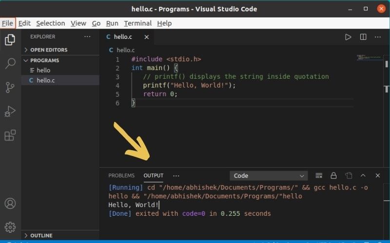 Program output is displayed in the bottom section of the Visual Studio Code editor