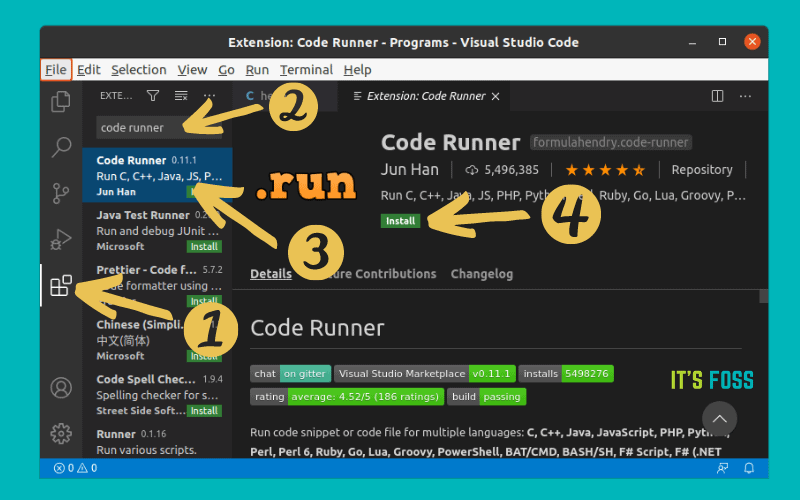 Installing Code Runner extension in Visual Studio Code
