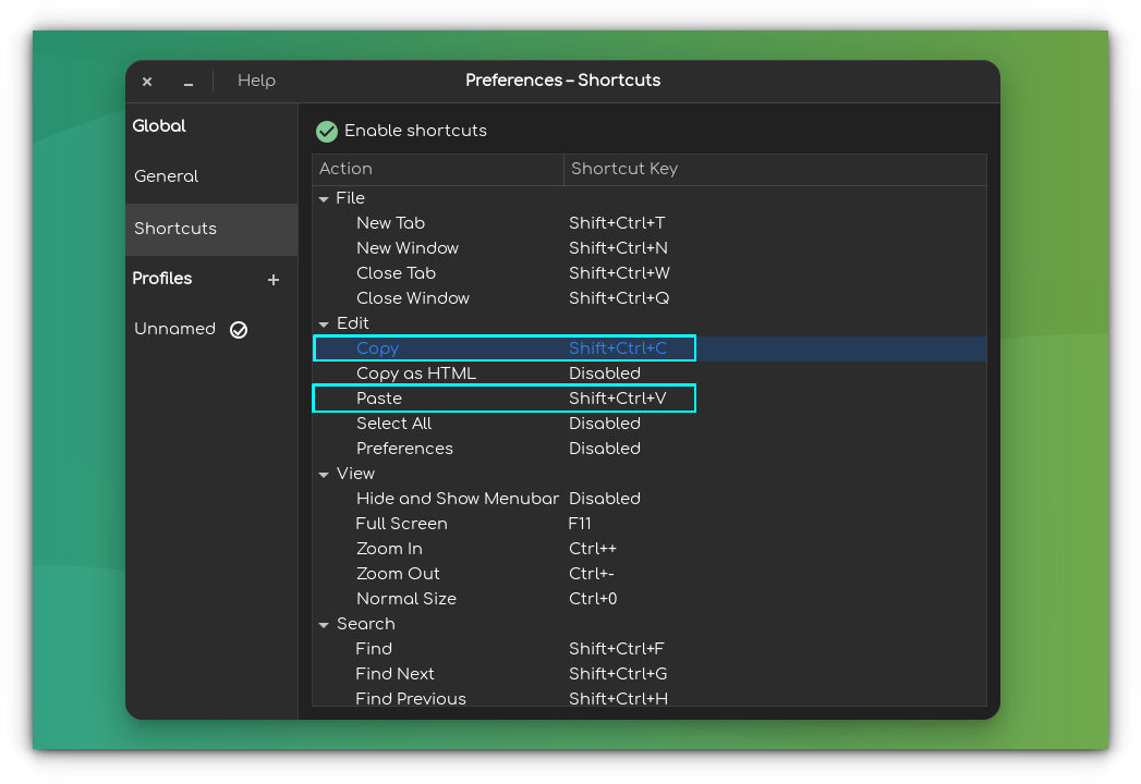 Change Keyboard Shortcuts in GNOME Terminal Preferences