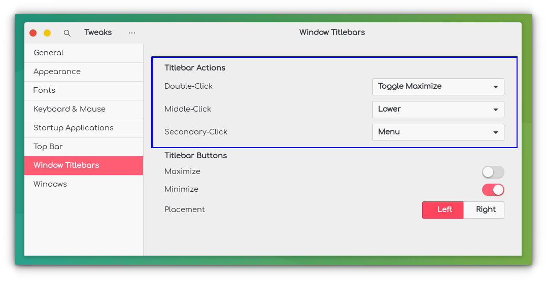 Settings to change the behaviour of various mouse clicks on the titlebar of a window. You can locate this in "Window Titlebars" Tab of GNOME Tweaks