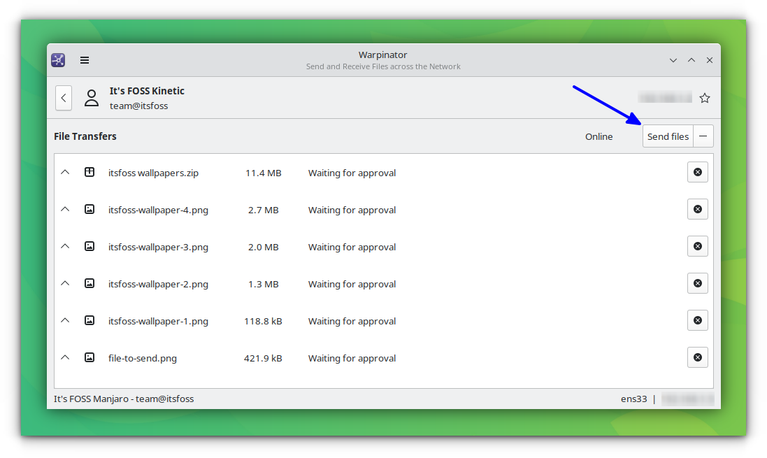 Sending files using Warpinator