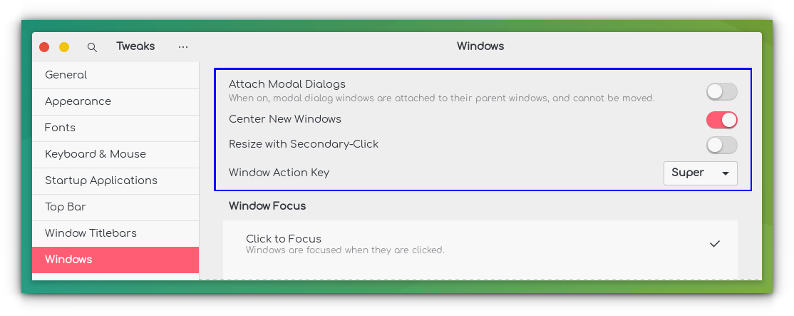 Windows Positioning related settings in "Windows" Tab of GNOME Tweaks