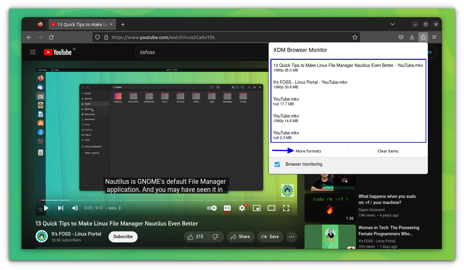 Xtreme Download Manager Extension showing available video formats to download