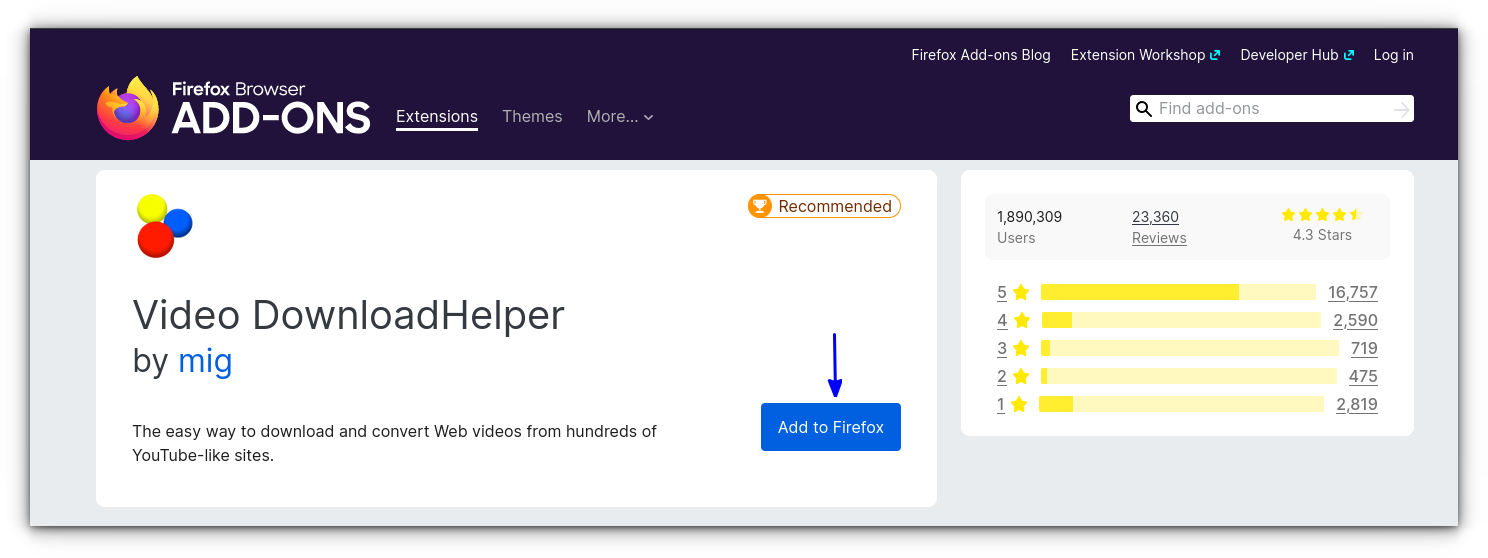 Click on "Add to Firefox" button to add the Video Download Helper Add-on to Firefox Browser