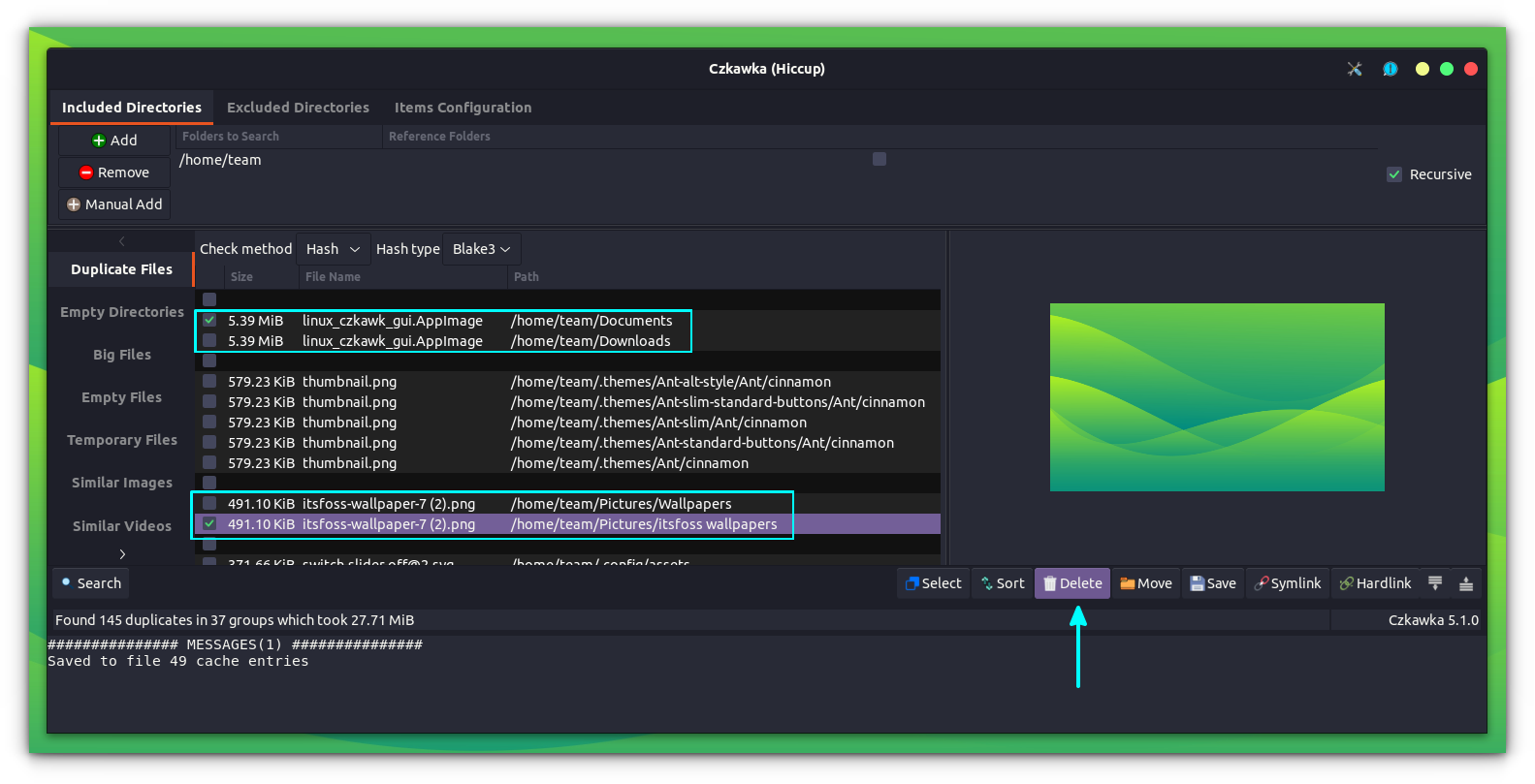 Czkawka finds and list all duplicate files in the specified directory, along with location and a small preview of the selected file, to verify before removing