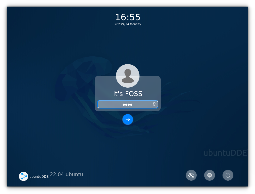 Th login screen of Ubuntu, when DDE is installed. It uses Lighdm display manager.
