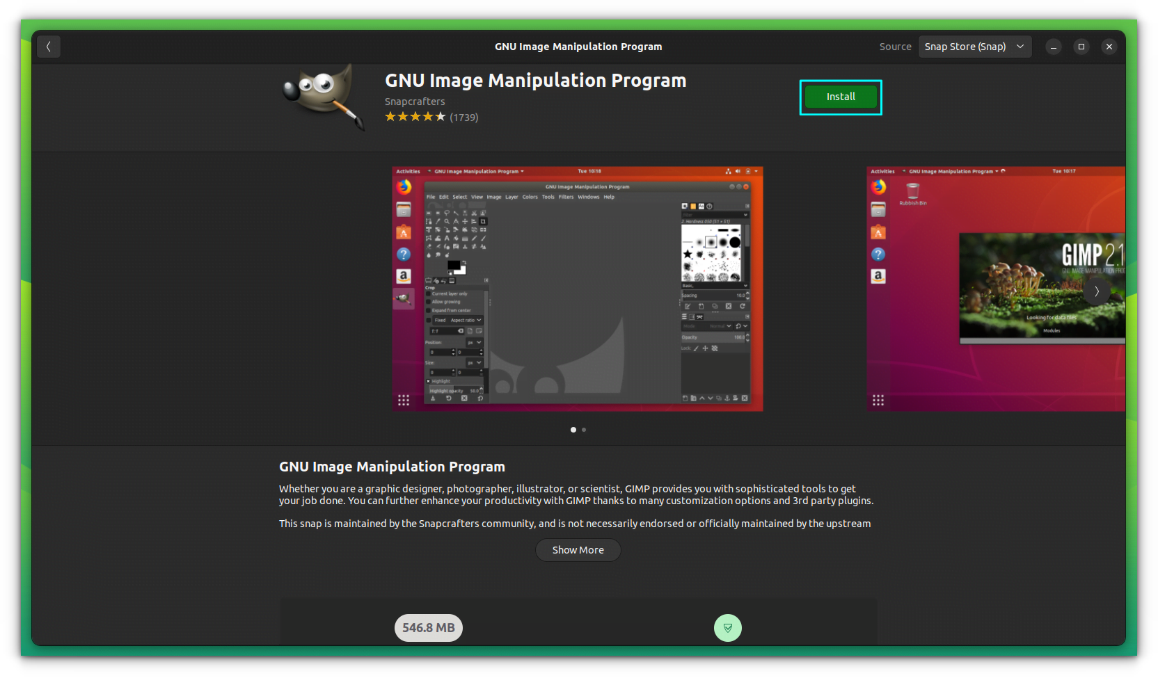 Install the Snap version of GIMP from Ubuntu Software Center