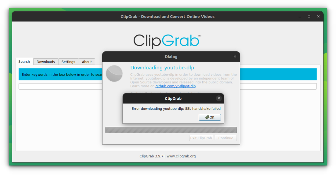 Clipgrab showing "Error downloading youtube-dlp: SSL handshake failed" issue